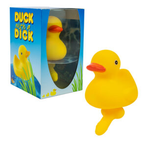 Yellow novelty rubber duck with orange beak and humorous protruding detail, shown with blue packaging