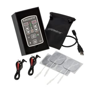 ElectraStim Flick Duo stimulator pack with control unit, cables, adhesive pads, USB cable, and storage pouch