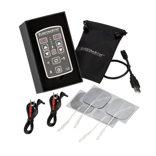ElectraStim Flick Duo stimulator pack with control unit, cables, adhesive pads, USB cable, and storage pouch