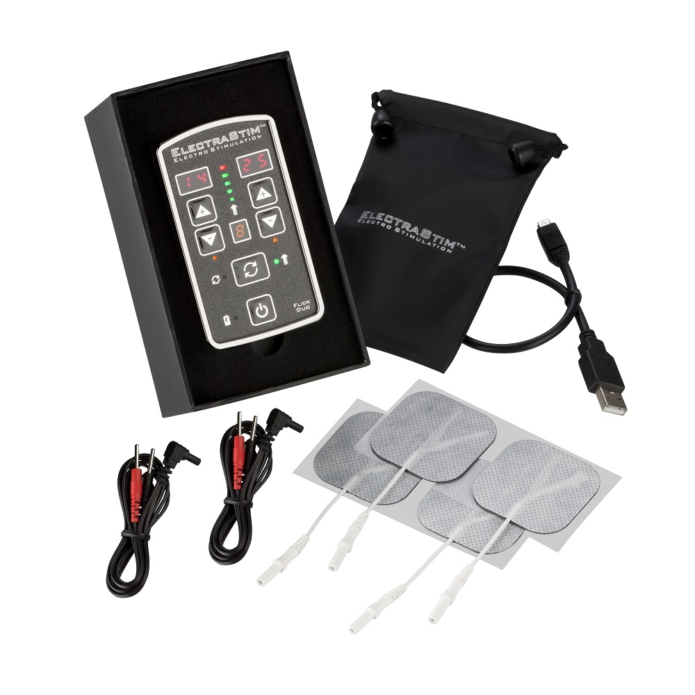 ElectraStim Flick Duo stimulator pack with control unit, cables, adhesive pads, USB cable, and storage pouch