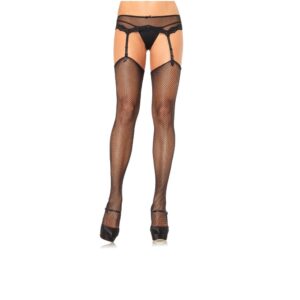 Black fishnet stockings worn with a garter belt and high heels