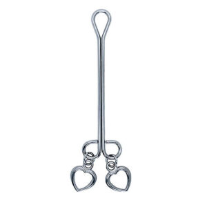 Silver metal clip with two heart-shaped charms at the ends
