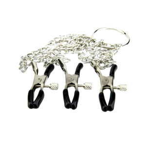 Three metal clamps with black tips connected by a silver chain and ring