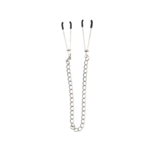 Adjustable metal nipple clamps with black tips connected by a silver chain