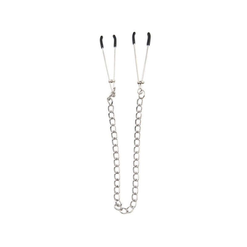 Adjustable metal nipple clamps with black tips connected by a silver chain