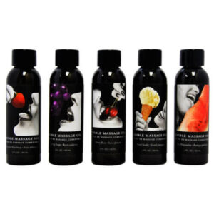 Five Earthly Body Edible Massage Oil bottles with fruit-themed labels in 2oz size
