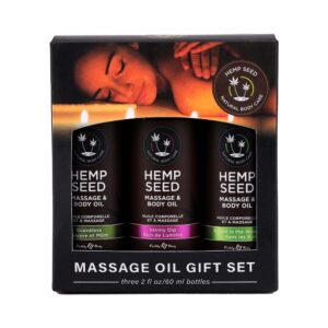 Earthly Body Hemp Seed massage oil gift set with three 60ml bottles in a black box