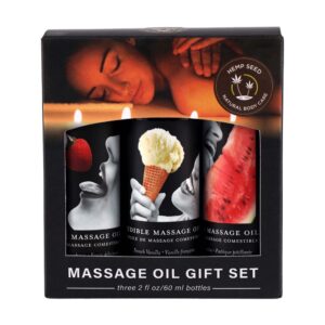 Earthly Body Edible Massage Oil Gift Set with three 60ml bottles in a black box