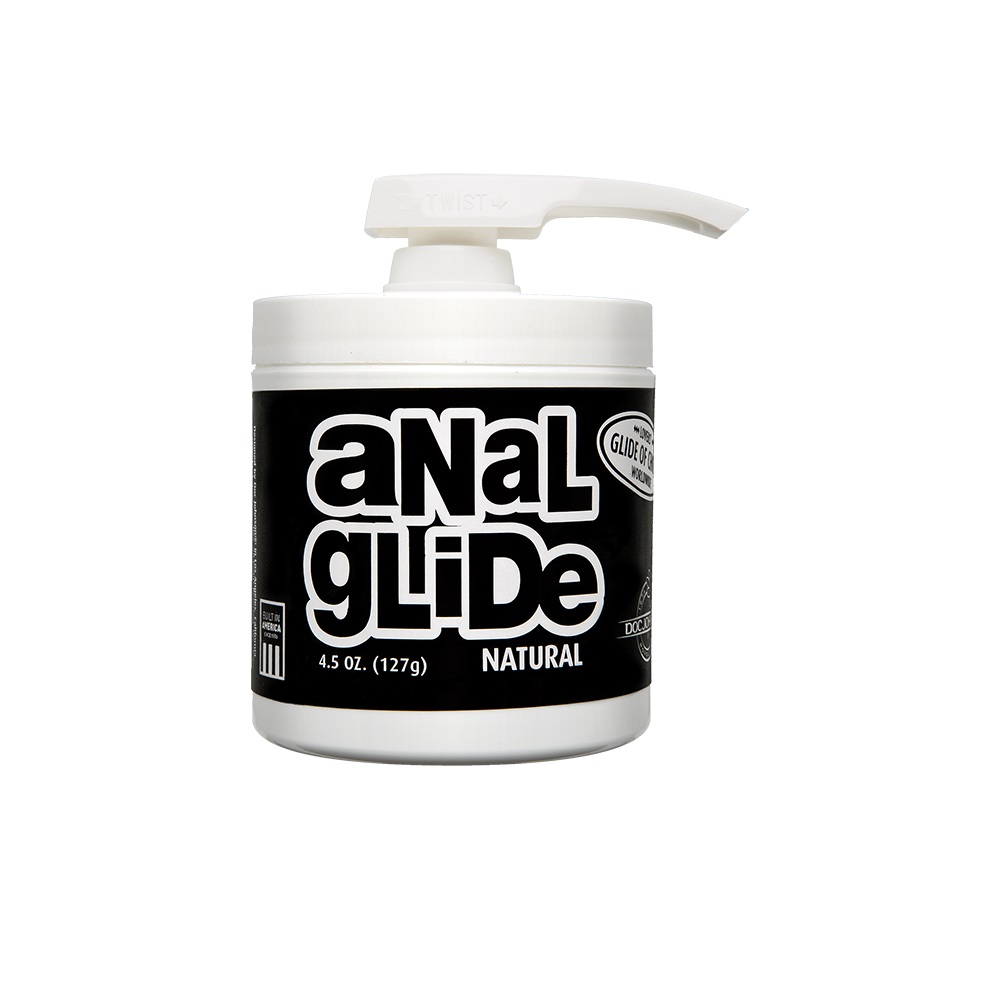 Doc Johnson Anal Glide Natural 4.5 oz jar with pump dispenser and black label