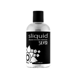 Sliquid Naturals Silver silicone lubricant 255ml bottle with black label and floral design