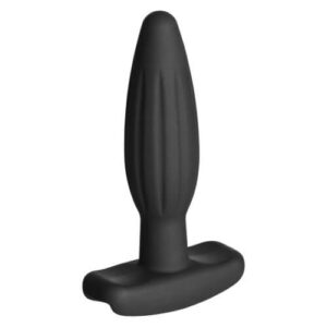 Small black butt plug with tapered tip and textured vertical grooves