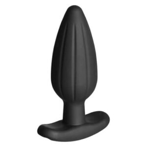 Large black butt plug with vertical grooves and a curved base