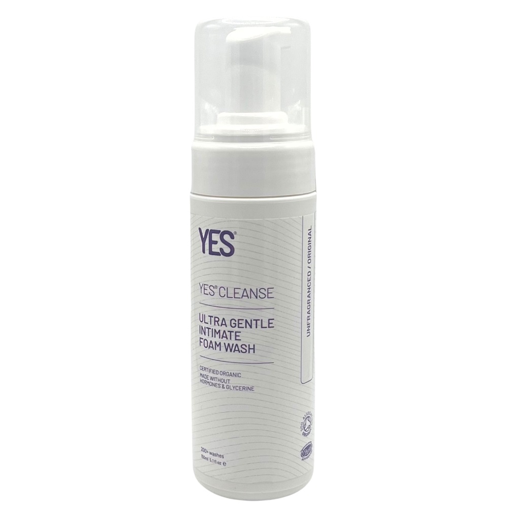 YES Cleanse Ultra Gentle Intimate Foam Wash in a white pump bottle