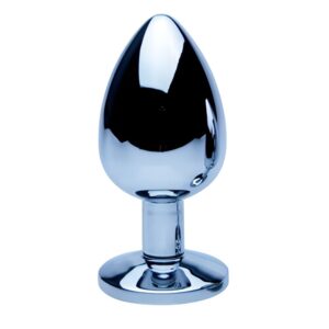 Large silver metal butt plug with a tapered tip and flared base