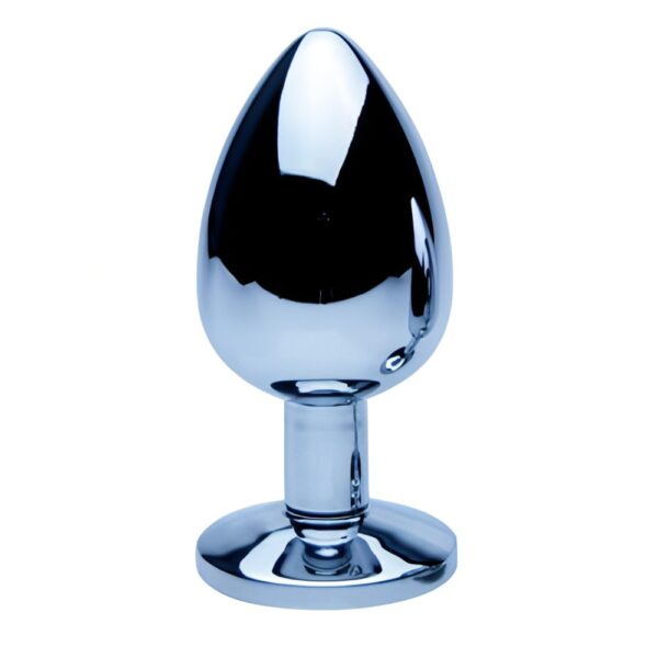 Large silver metal butt plug with a tapered tip and flared base