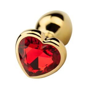Gold heart-shaped plug with red gem accent
